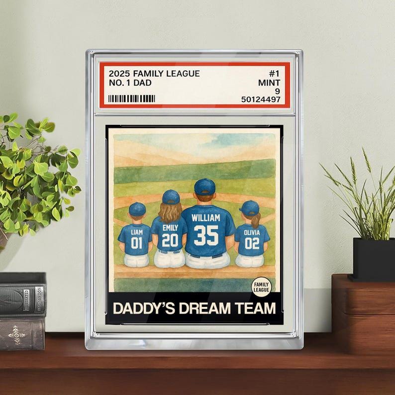 Baseball No. 1 Dad Man And Kids Trading Card Style Personalized Acrylic Block, Father's Day 2025 Gift For Husband, Daddy's Dream Team Plaque