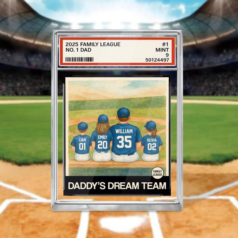 Baseball No. 1 Dad Man And Kids Trading Card Style Personalized Acrylic Block, Father's Day 2025 Gift For Husband, Daddy's Dream Team Plaque