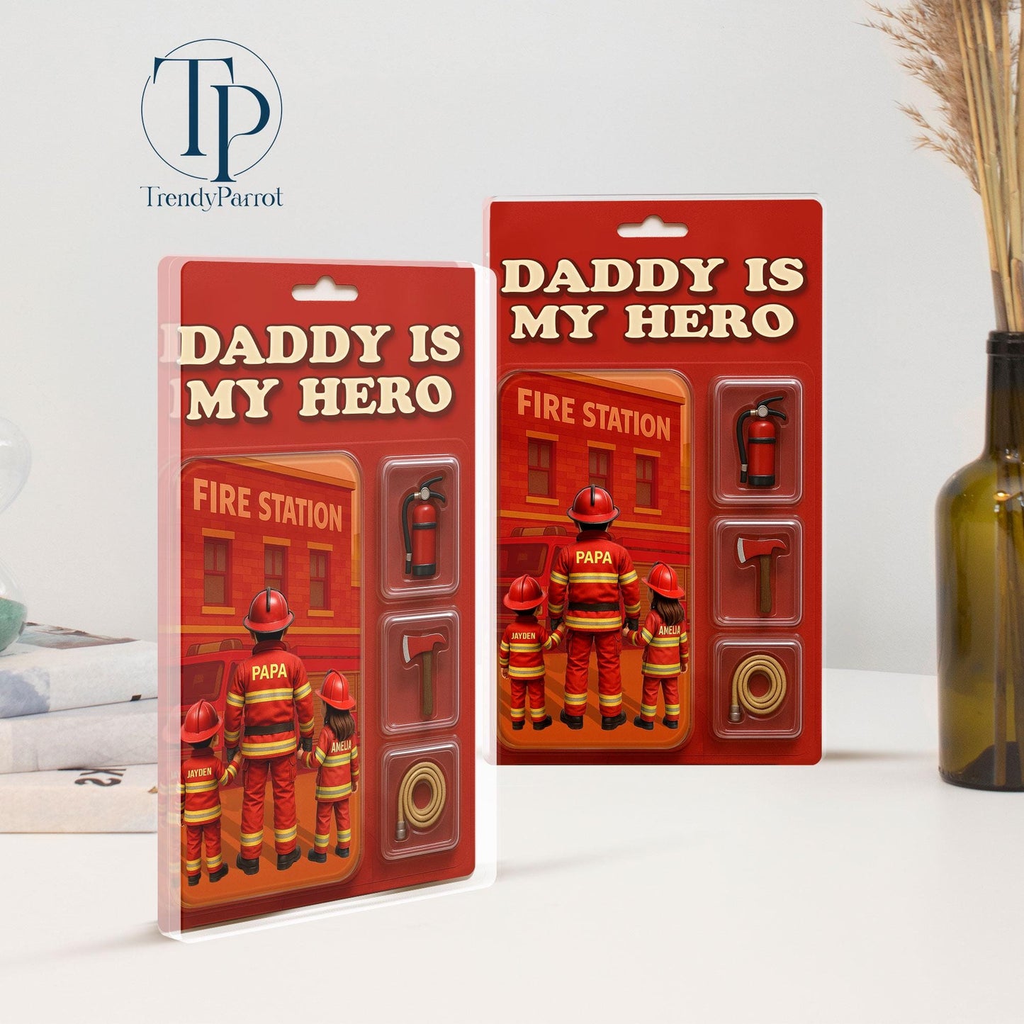 Personalized Firefighter Acrylic Block, Custom Figure Firefighter Dad Personalized Acrylic Block Plaque, Father's Day Gifts, Gift from Kids