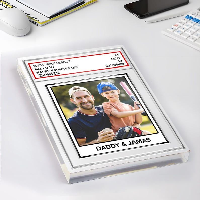 Custom Family League No. 1 Dad, Personalized Trading Card Acrylic Block Plaque, Custom Father's Day 2025 Gift For Husband,Sport Dad Keepsake