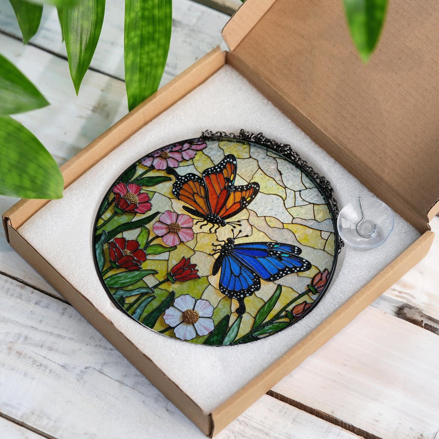 Stained glass butterflies in wildflower garden round suncatcher window decor gift for mom