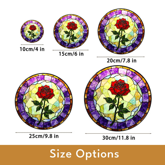 Red rose bloom with purple mosaic round stained glass suncatcher gift for flower lovers