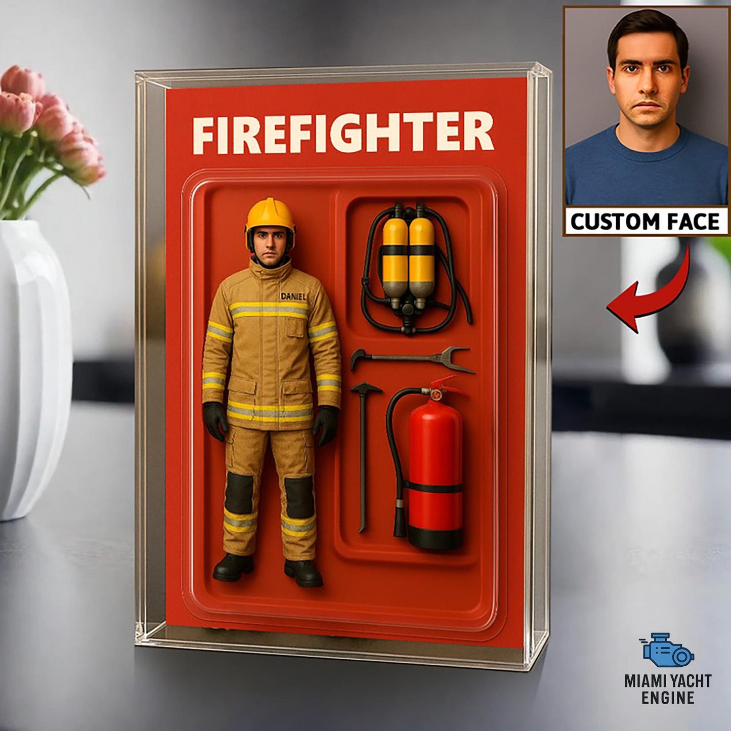 Custom Firefighter Acrylic Decor with Face and Name, Personalized Tribute for Dad, Fathers Day Gift