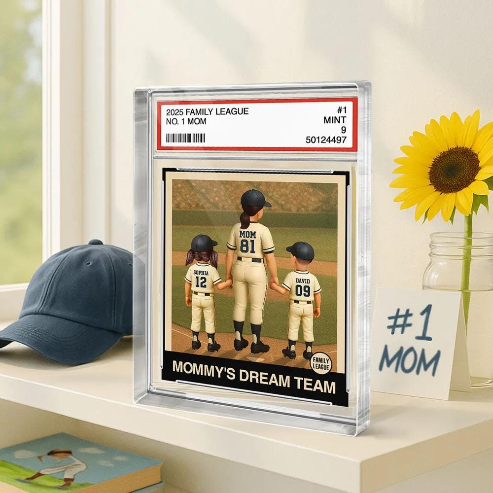 Custom Baseball No. 1 Mom & Kids Trading Card Style Custom Figure Personalized Acrylic Block Plaque, Mother's Day Gift for Mother and Family