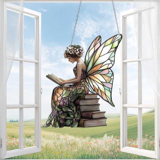 Butterfly Fairy Reading Book Acrylic Window Hanging, Whimsical Fairy Ornament, Book Lovers Gift, Enchanted Forest Gift, Fairy Garden Decor