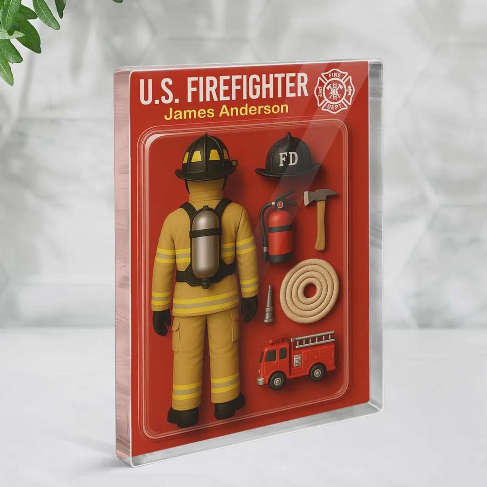 Firefighter 3D Custom Figure, Personalized Flat Rectangle Acrylic Block, Firefighter Gift, Keepsake for Fireman, Custom Firefighter Decor
