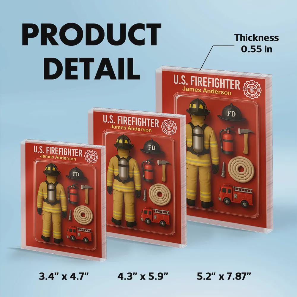 Firefighter 3D Custom Figure, Personalized Flat Rectangle Acrylic Block, Firefighter Gift, Keepsake for Fireman, Custom Firefighter Decor