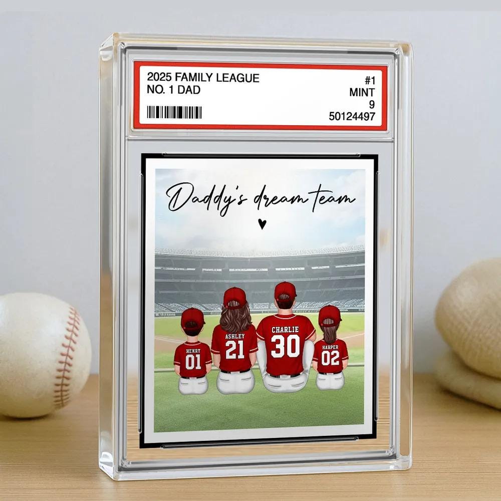 Baseball No. 1 Dad Man & Kids Sitting Trading Card Style Personalized Acrylic Block Plaque, Fathers Day Gifts for Husband, Dad, Papa, Father
