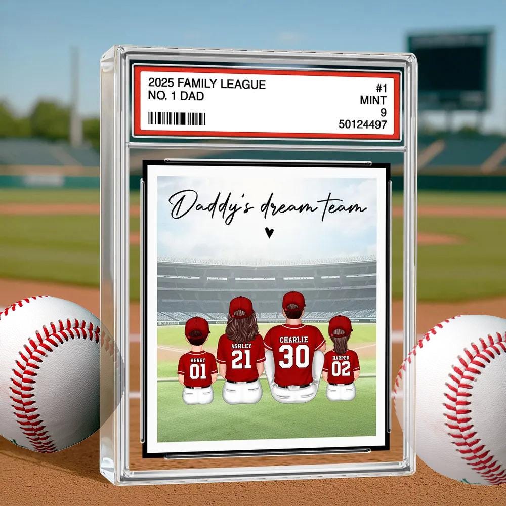 Baseball No. 1 Dad Man & Kids Sitting Trading Card Style Personalized Acrylic Block Plaque, Fathers Day Gifts for Husband, Dad, Papa, Father