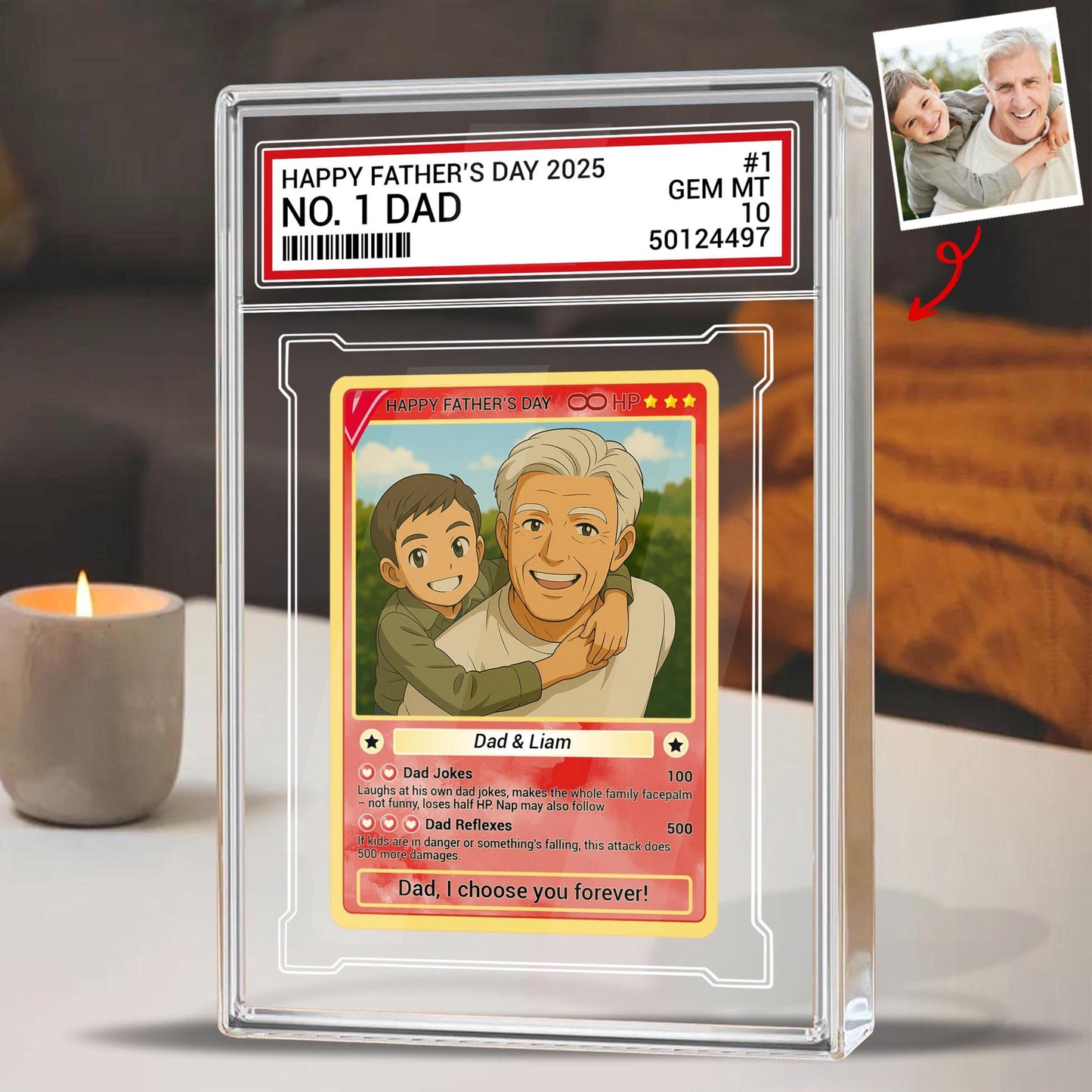 Personalized Father's Day 2025 Gift Trading Card Style Acrylic Plaque, Grandpa, Anime Photo Acrylic Block, Gift For Dad From Kid, Papa Gift