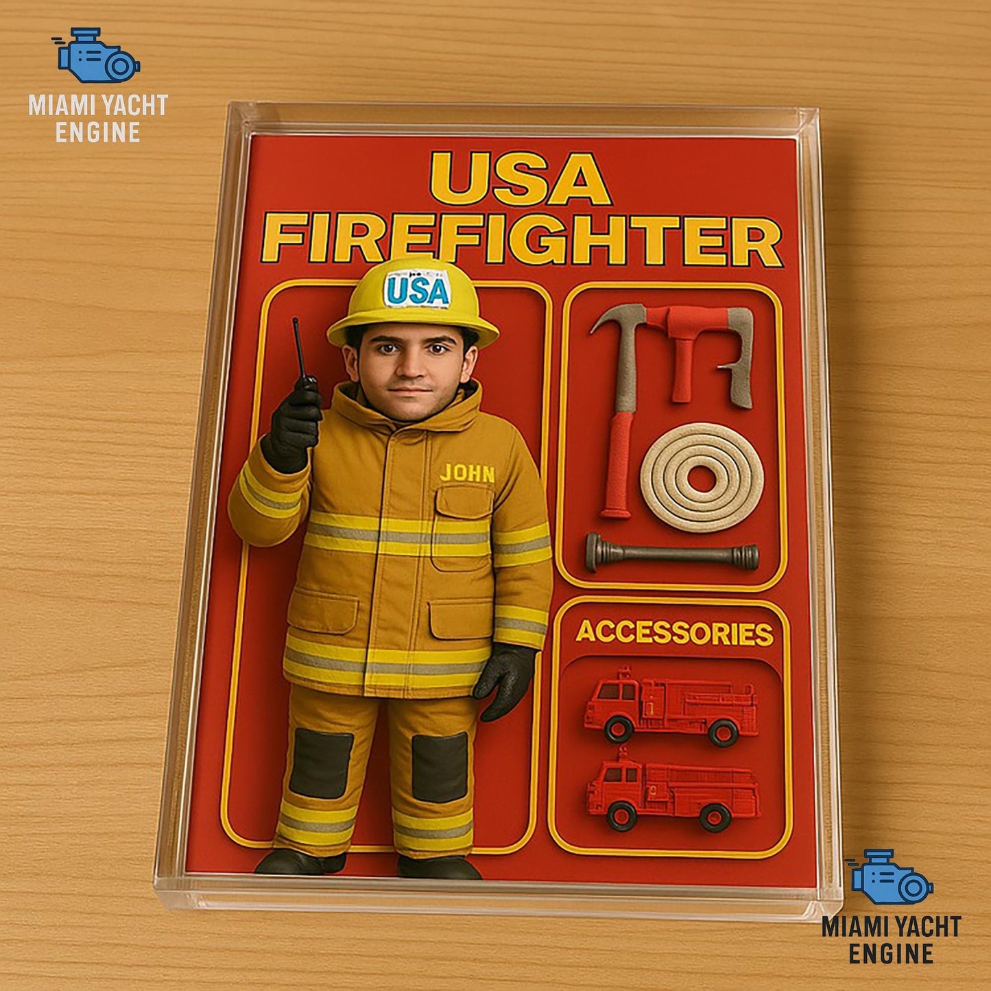 Custom USA Firefighter Acrylic Decor, Personalized Figure with Photo & Gear, Home or Office Display, Firefighter Gift