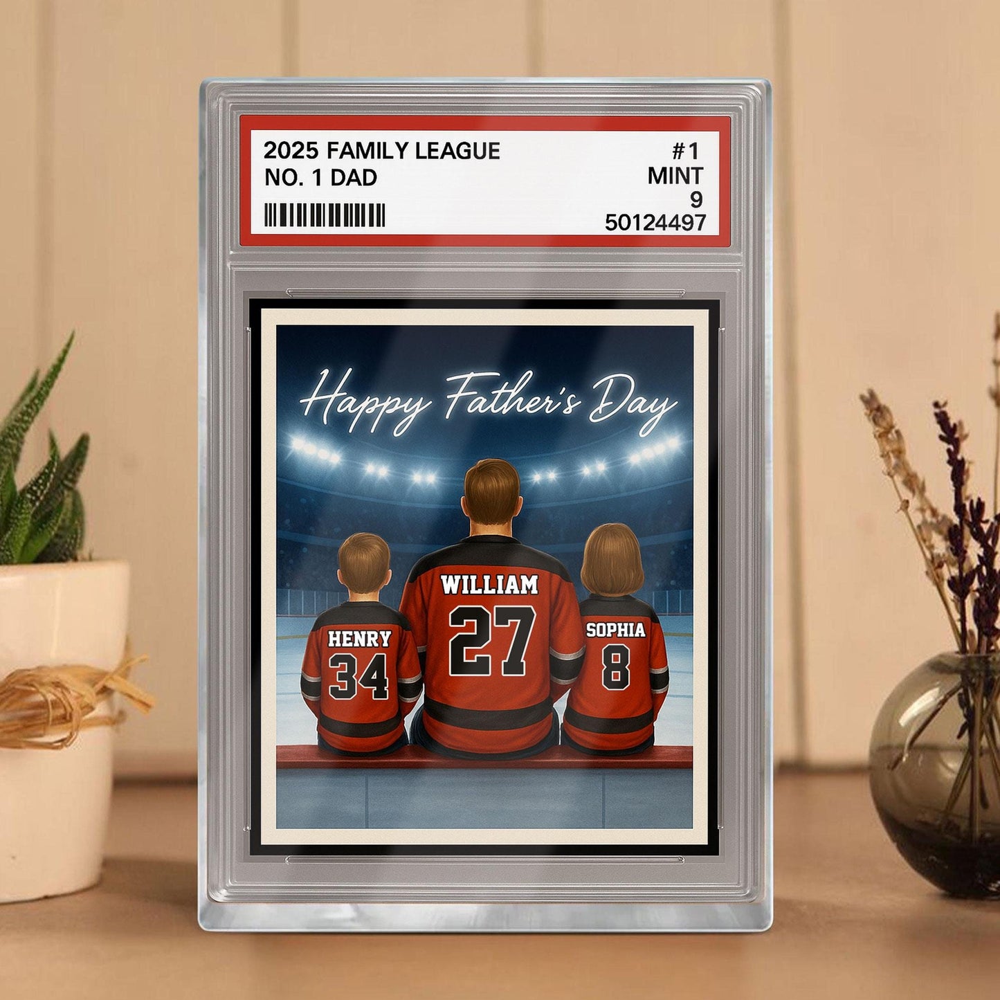 Hockey Daddy's Dream Team, Custom No.1 Dad Man & Kids Trading Card Style Plaque, Personalized Player Dad Acrylic Block, Father's Day Gift