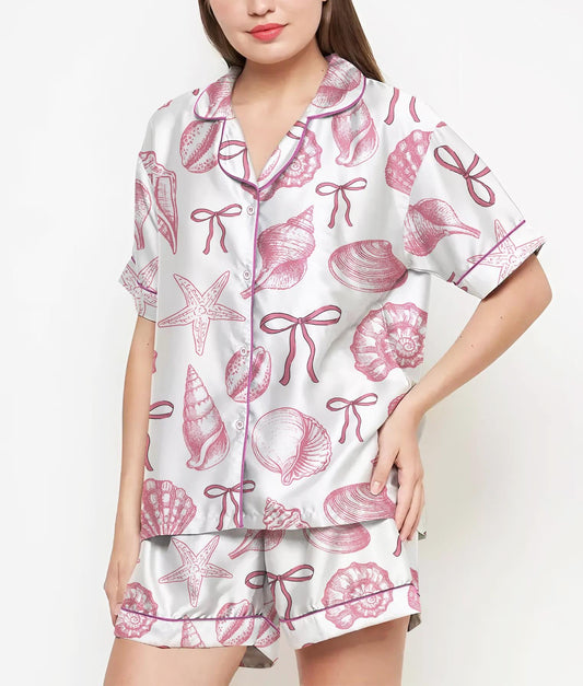 Coquette Seashell Pajamas Satin Set, Starfish and Coral Shirt, Mother's Day Gift, Birthday Gift, Pjs For Women, Bridesmaid Gifts