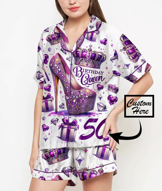 Birthday Queen Purple Pajamas Satin Set, Birthday Party, Mother Day Gift, Birthday Gift, Bridesmaid Gift, Coquette Pjs, Crown Birthday Girl