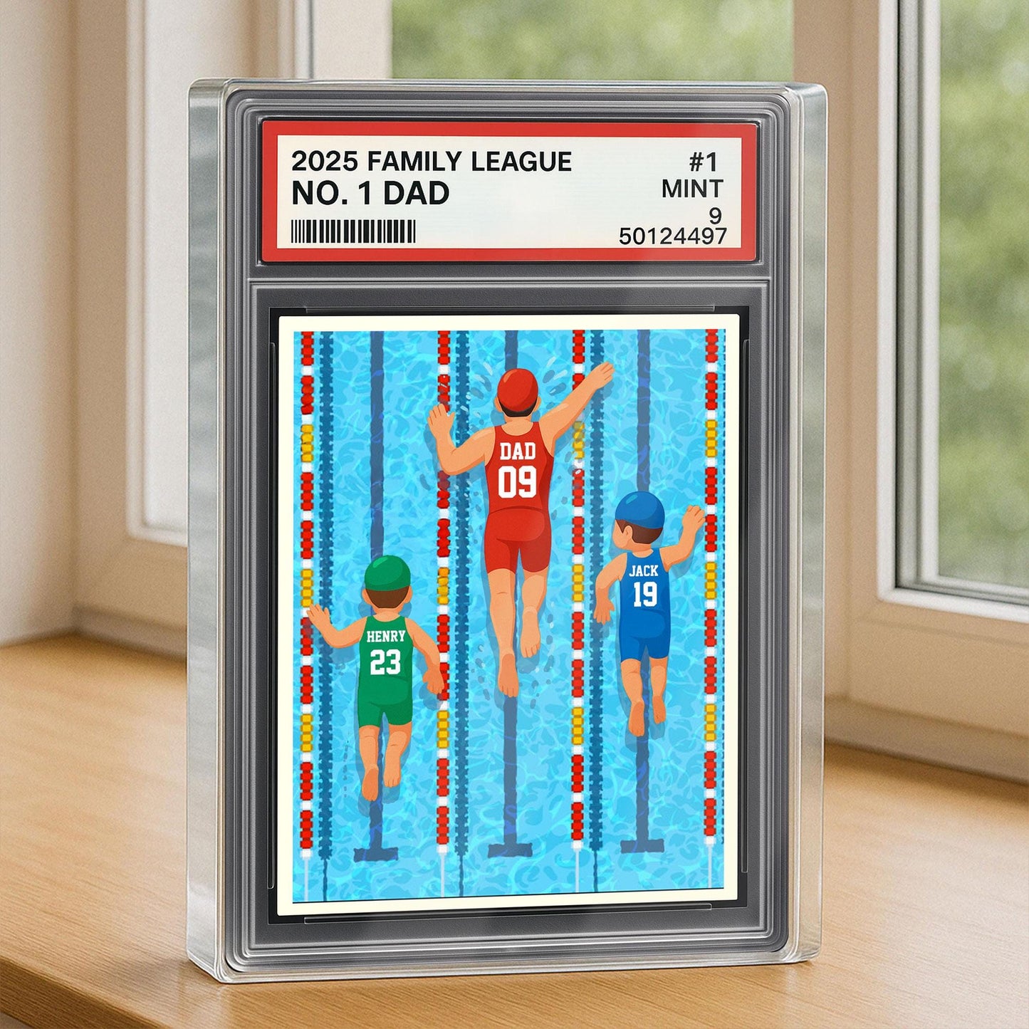 Custom No.1 Swimming Dad Plaque, Personalized Trading Card Kids Name For Swimmer Dad Acrylic Block, Father's Day Gift From Kids, Best Dad