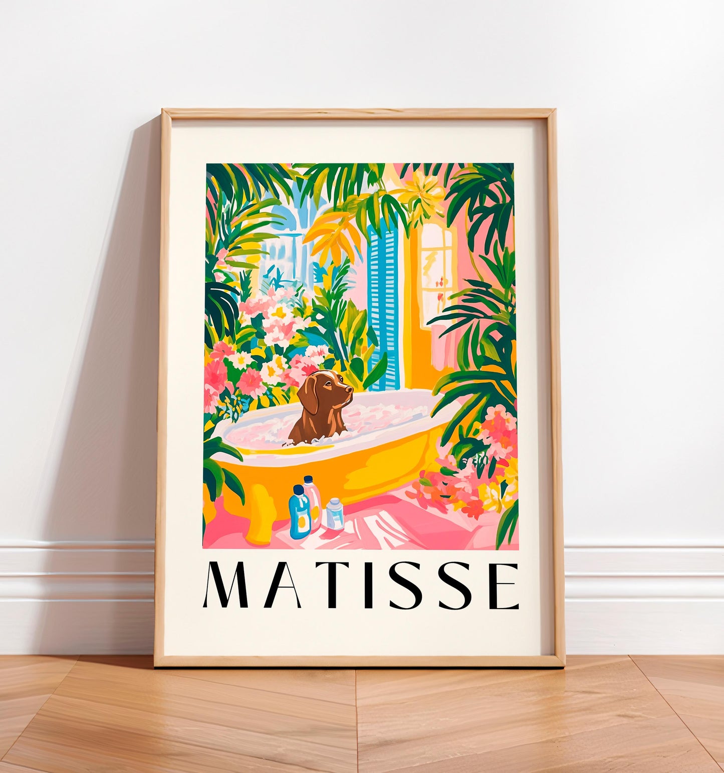 Chocolate Labrador in Bathtub Art Print: Funny Tropical Bathroom Decor