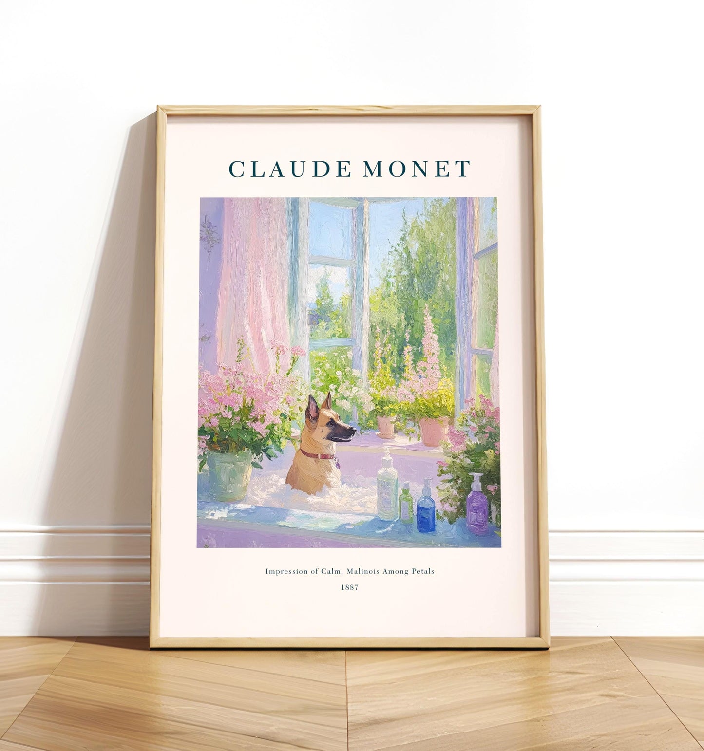 Belgian Malinois Dog in Bathtub Art Print: Monet Style Bathroom Poster