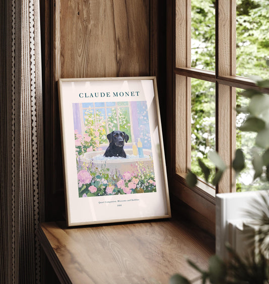 Black Lab in French Bathroom Art Print: Monet Style Dog Poster