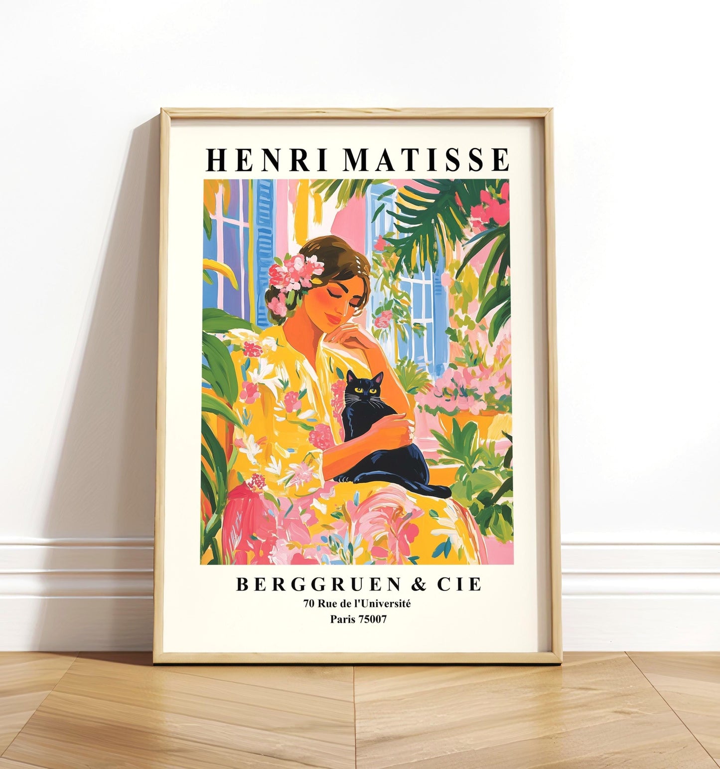 Henri Matisse painting, Black cat held by a woman, Mediterranean aesthetic poster, Tropical summer print, Dopamine decor