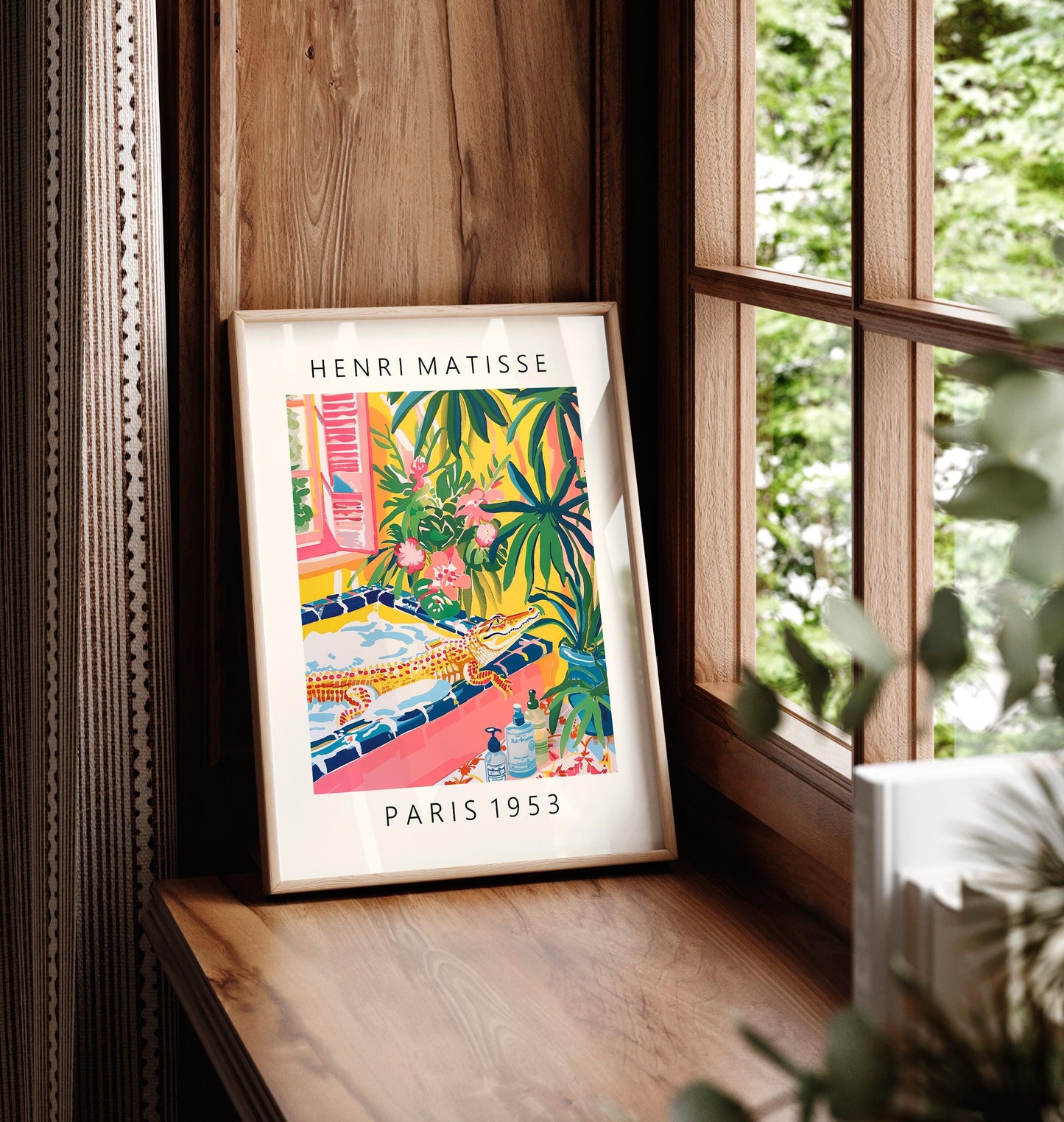 Crocodile in Bathtub Print: Funny Pink Bathroom Wall Art