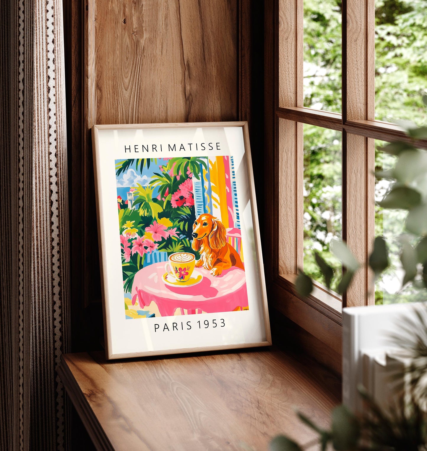 Dachshund Coffee Print: Matisse Style Pink Kitchen Cafe Art