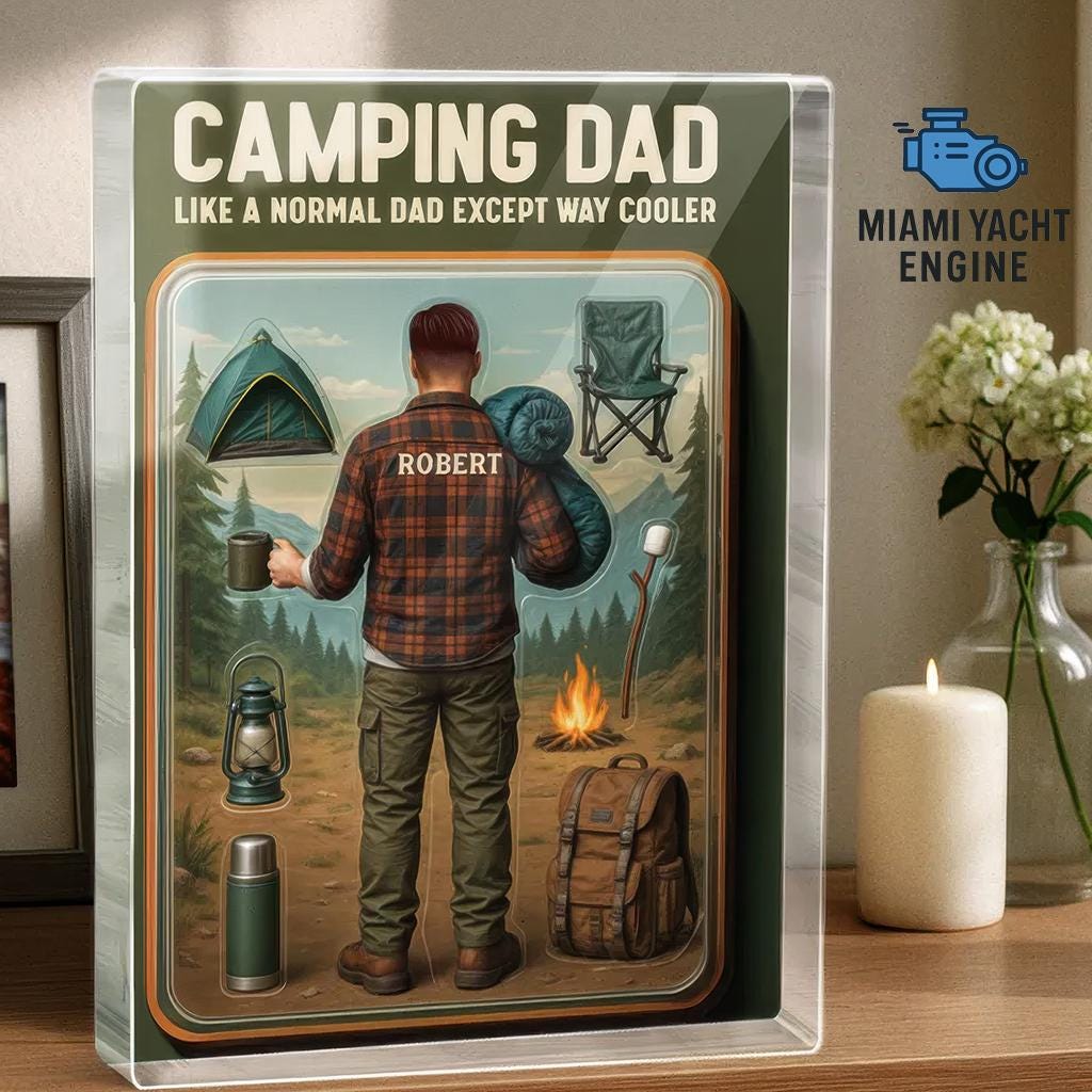 Custom Camping Dad Acrylic Block Gift, Personalized Outdoor Dad Figure With Name, Cool Camper Father’s Day Gift, Unique Gift For Dads