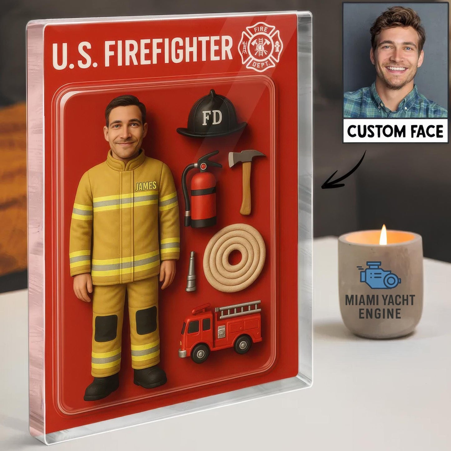 Custom Firefighter Acrylic Block Gift with Face and Name, Personalized 3D Figurine Decor, Unique Fireman Appreciation or Graduation Gift