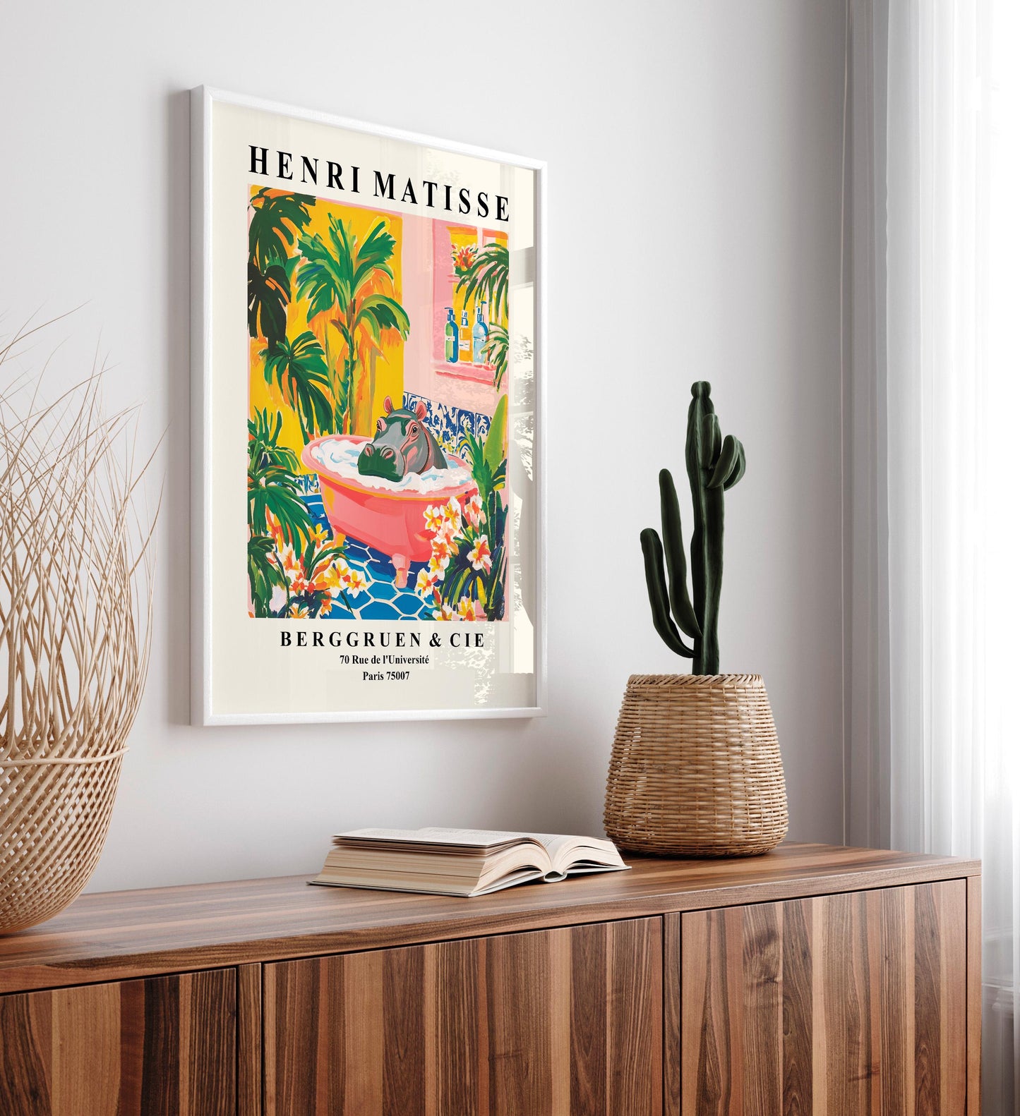 Hippo in Bathtub Poster: Funny Bathroom Print, Matisse Style