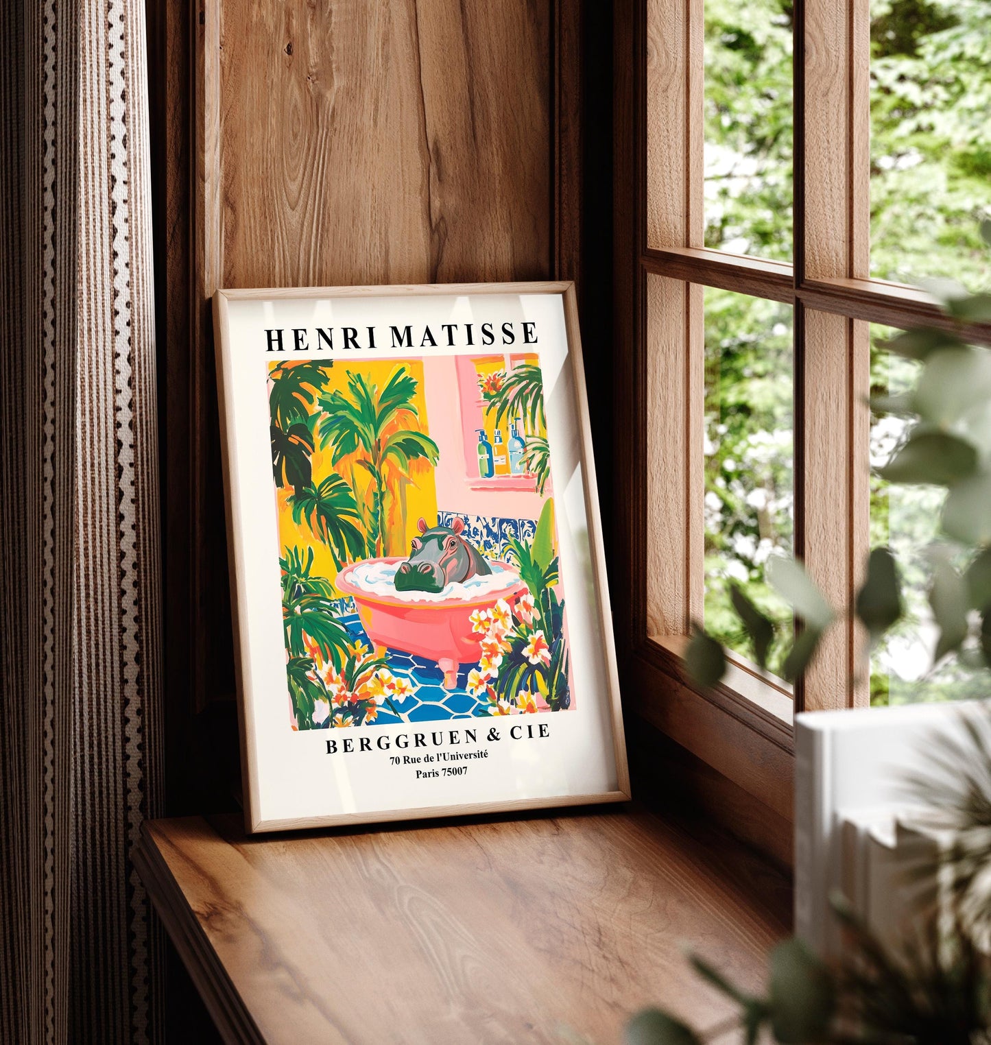 Hippo in Bathtub Poster: Funny Bathroom Print, Matisse Style