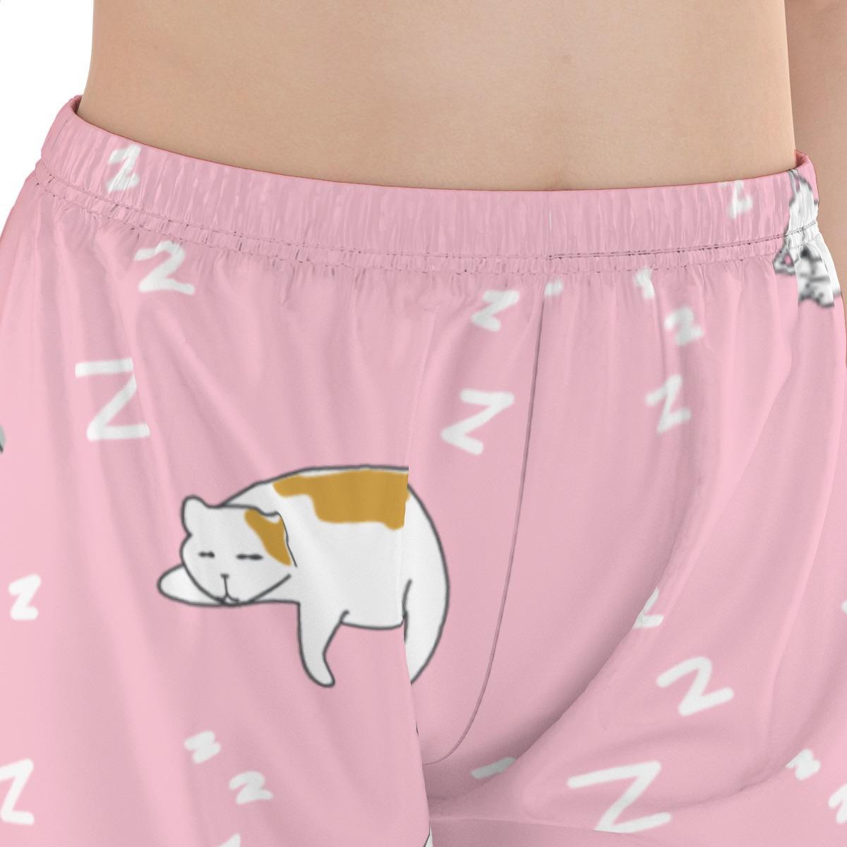 Kawaii Heaven Women's Pink Cat Print Pajamas Set with Elastic Waist & Black Contrast Piping