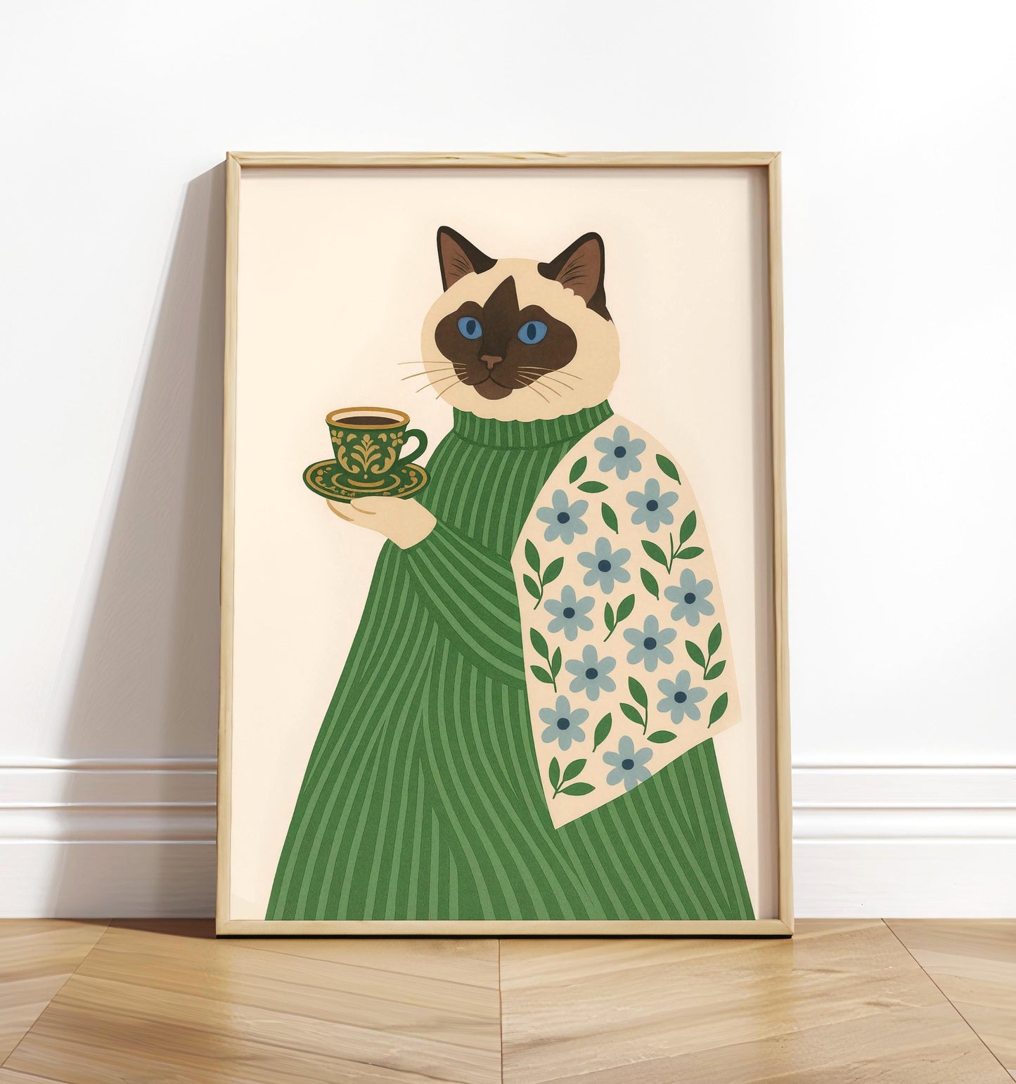 Ragdoll cat print, Coffee print, Espresso art print, Cat wall art, Cat with coffee, Floral print, Aesthetic wall art