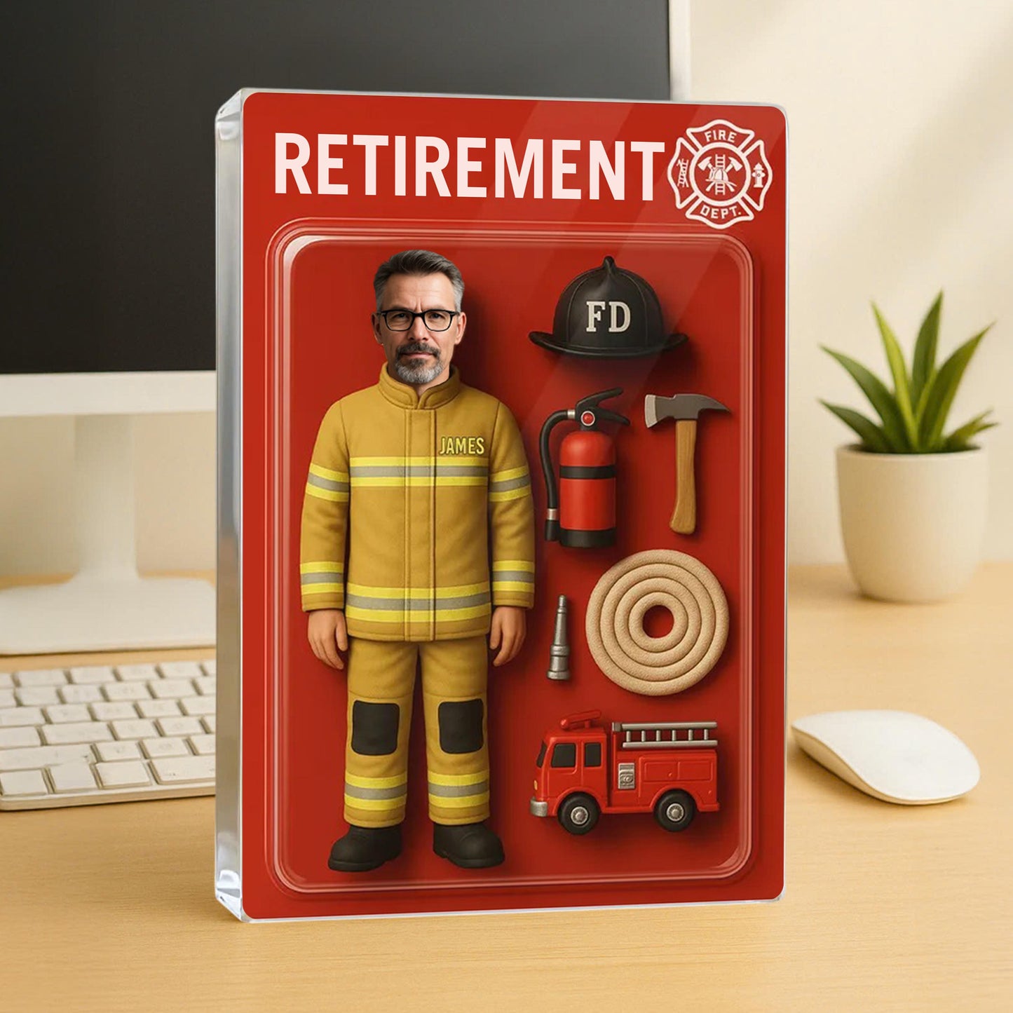 Personalized Firefighter Retirement Gift, Custom Photo Retired Action Figure Acrylic Block, Congratulation Fireman Retired Gifts For Husband