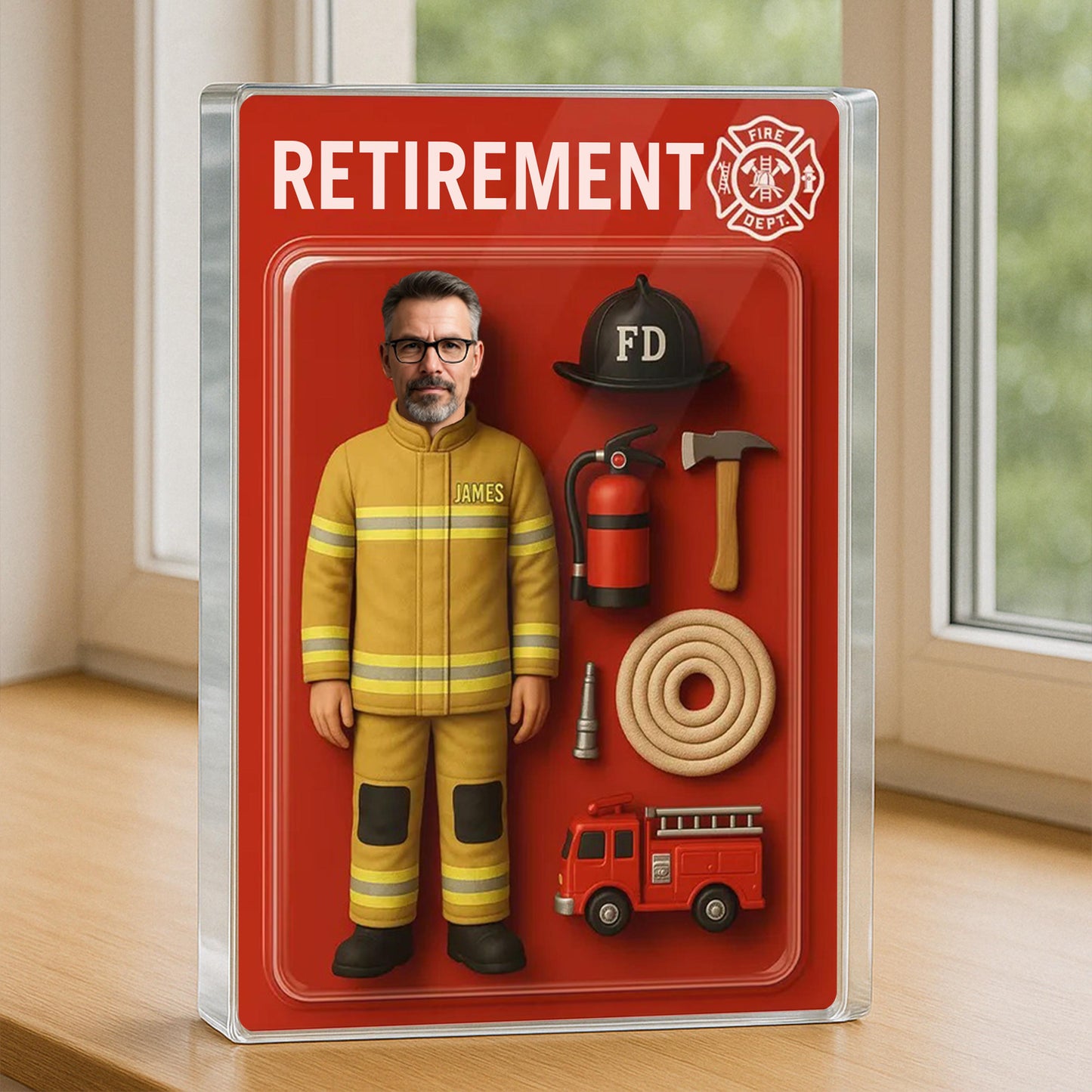 Personalized Firefighter Retirement Gift, Custom Photo Retired Action Figure Acrylic Block, Congratulation Fireman Retired Gifts For Husband