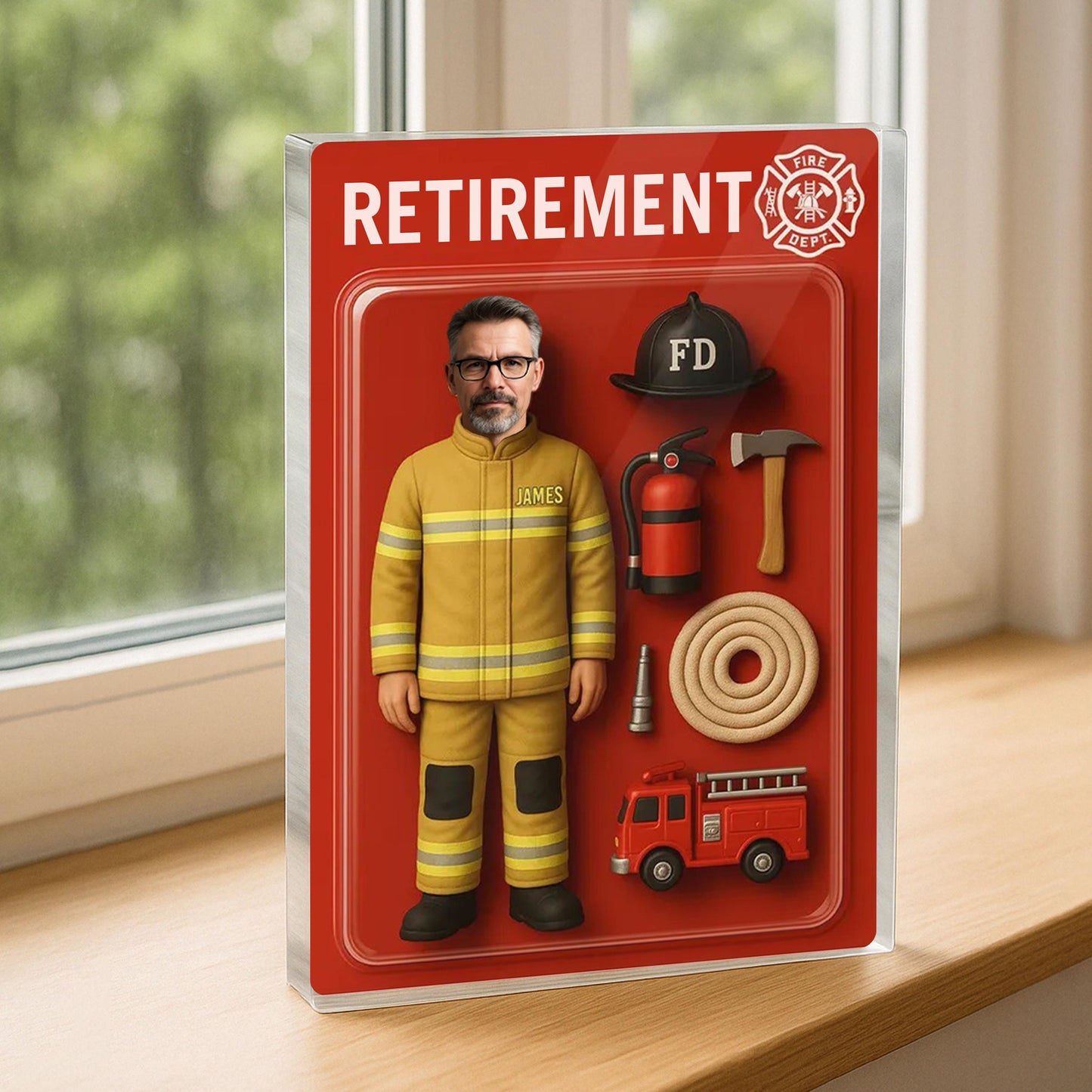 Personalized Firefighter Retirement Gift, Custom Photo Retired Action Figure Acrylic Block, Congratulation Fireman Retired Gifts For Husband
