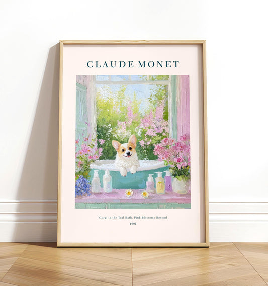 Corgi in Bathtub Art Print: Cottagecore French Country Bathroom Decor