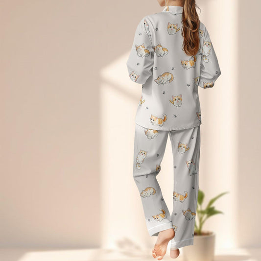 Cute Cat Satin Pajama Set, Kawaii Kitty Sleepwear, Long Sleeve Cozy Loungewear, Funny Pet Matching Pajamas Set, Gift For Cat Lover