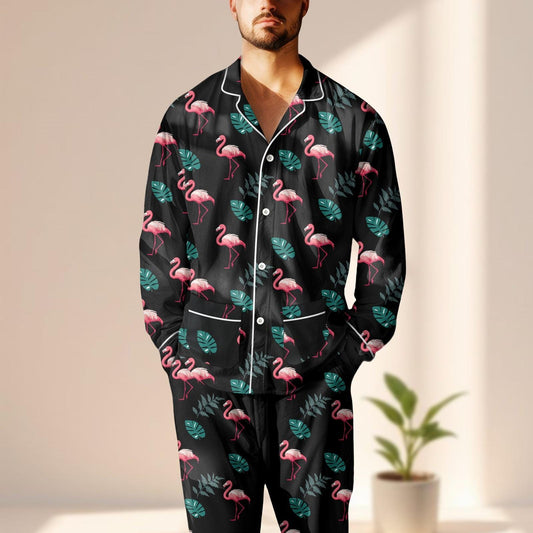 Flamingo Satin Pajama Set, Tropical Black Sleepwear, Cute Long Sleeve Loungewear, Summer Women Matching Pajamas Set, Gift For Her