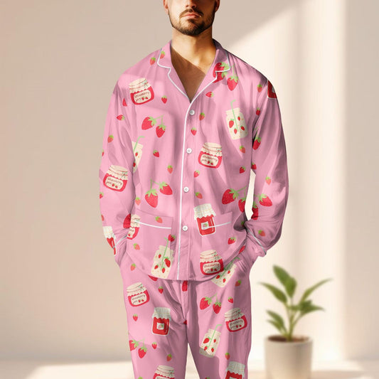 Strawberry Milk Satin Pajama Set, Cute Pink Satin Sleepwear, Funny Long Sleeve Jam Loungewear, Kawaii Women Pajamas, Gift For Her