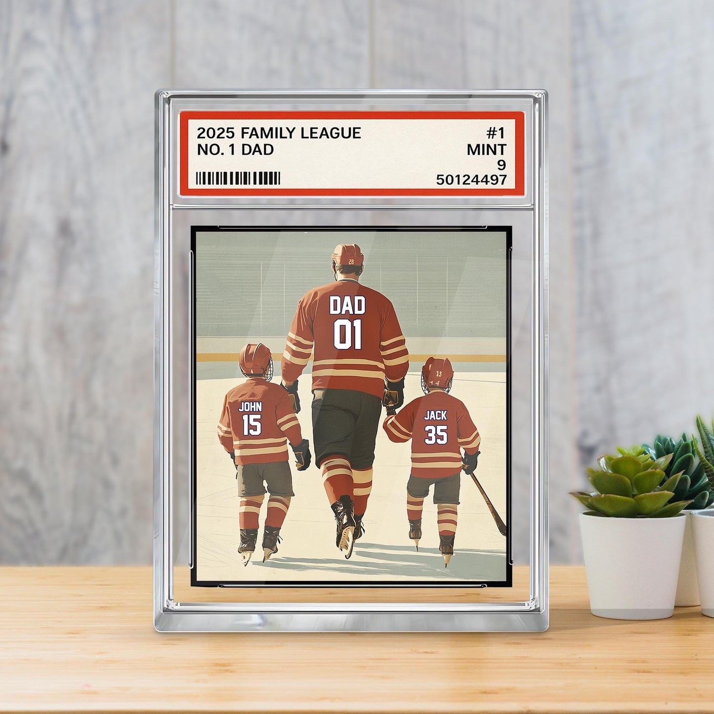 Personalized Hockey No. 1 Dad Man And Kids Trading Card Style Acrylic Plaque, Father's Day Gift For Hockey Dad, Custom Dad Acrylic Block