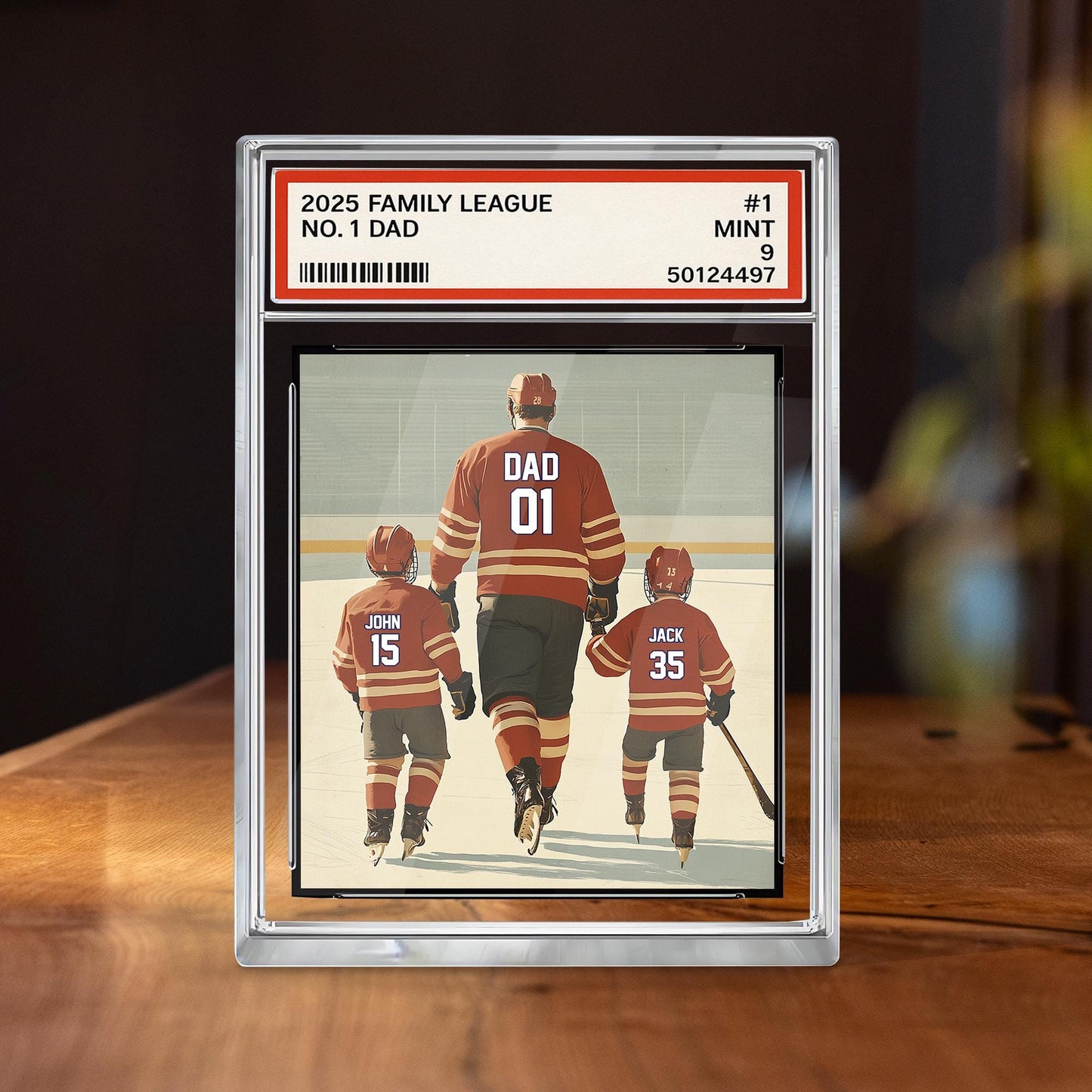 Personalized Hockey No. 1 Dad Man And Kids Trading Card Style Acrylic Plaque, Father's Day Gift For Hockey Dad, Custom Dad Acrylic Block