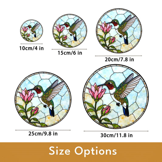 Hummingbird and pink flowers round glass suncatcher window decor gift for bird lover mom