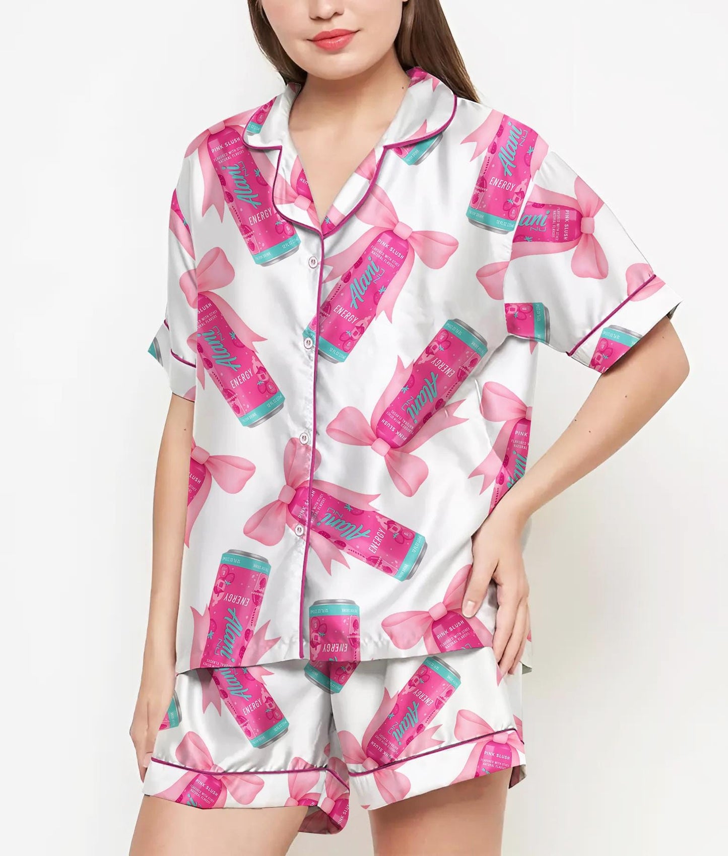 Coquette Pink Bow Alani Pajamas Satin Set, Energy Drink Shirt, Mother's Day Gift, Birthday Gift,Pjs For Women, Bridesmaid Gifts, Party Gift