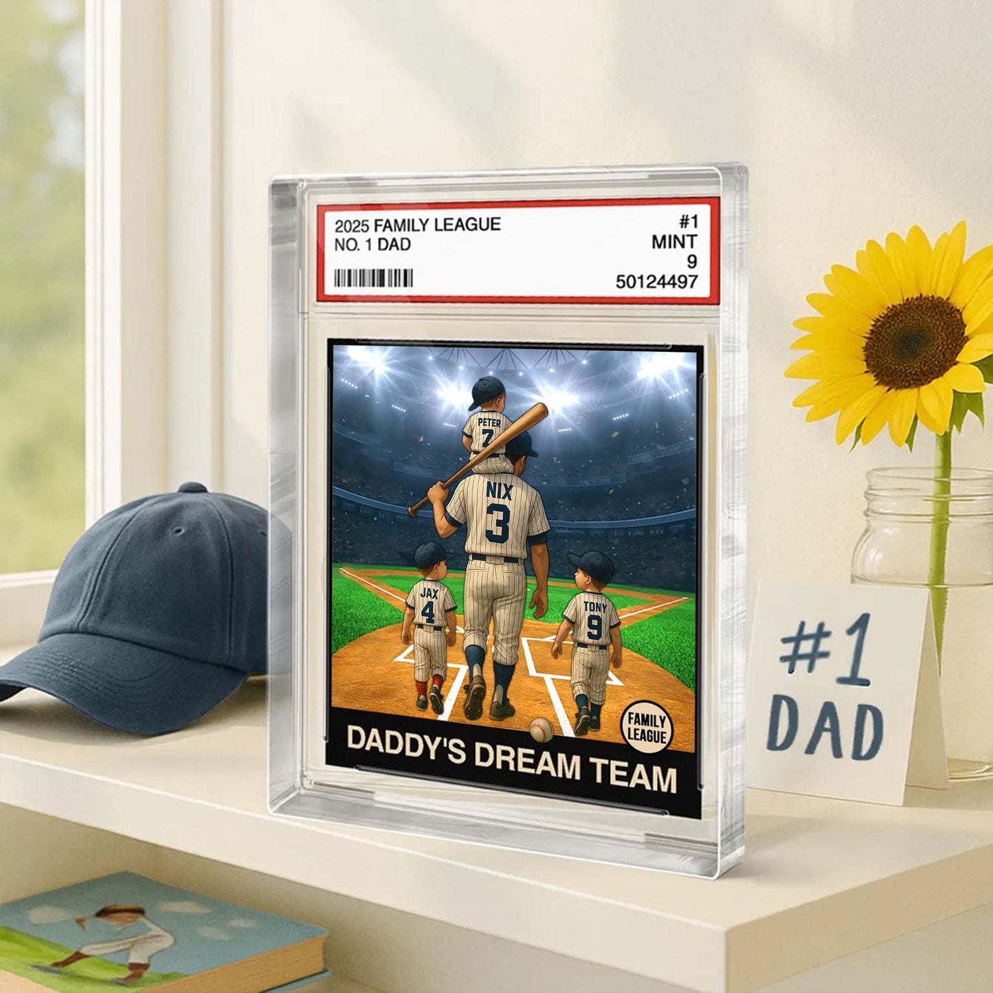 Custom Baseball No. 1 Dad Man & Kids Trading Card Style Custom Figure Personalized Acrylic Block Plaque, Fathers Day Gifts for Husband, Dad