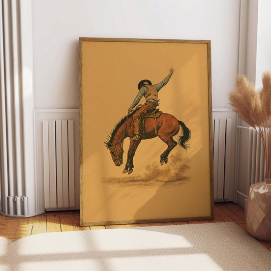 Vintage Cowboy Illustration Bucking Bronco Print Retro Rodeo Art Southwestern Boho Wall Art Riding Poster Retro Horse Cowgirl Wall Decor