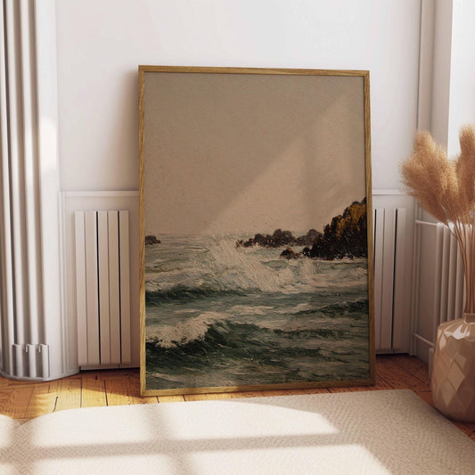 Ocean Waves Vintage Oil Painting Moody Wall Decor Rustic Wall Art Antique Painting Seaside Coast Poster Cottagecore Wall Art Fine Art