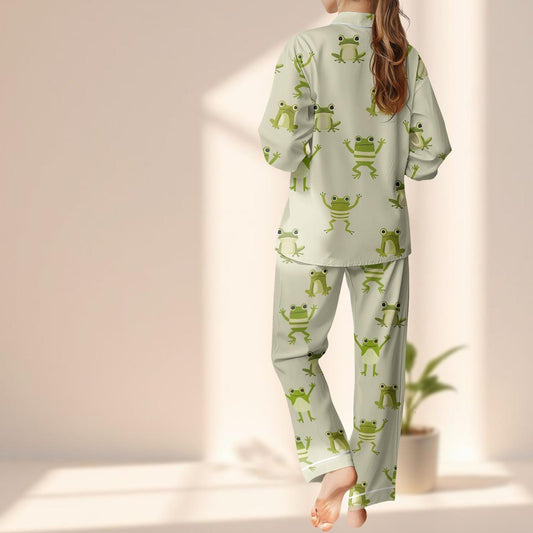 Cute Frog Print Satin Pajama Set, Funny Green Frog Sleepwear, Kawaii Animal Loungewear, Comfy Matching Pajamas Set, Gift For Her