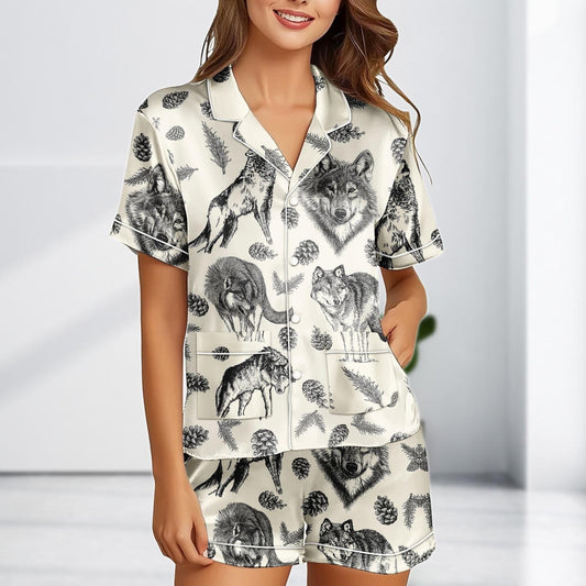 Vintage Wolf Satin Short Pajamas, Cozy Forest Animal Loungewear, Wildlife Sleep Set, Pajamas Gift for Her, Woodland Nightwear