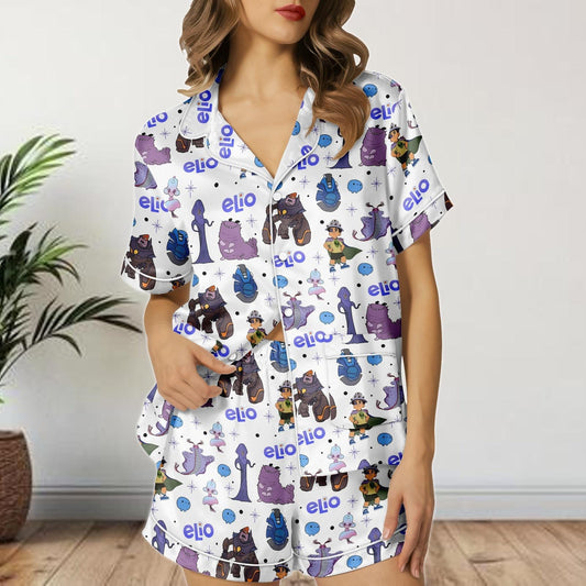 Elio Movie Satin Pajamas Shorts, Pixar Characters Sleepwear, Cute Lounge PJs for Women, Cartoon Summer Pajama Gift