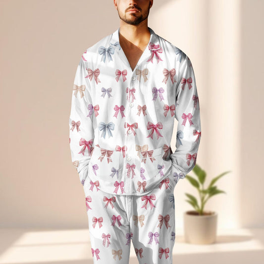 Coquette Bow Satin Pajama Set, Cute Pastel Ribbon Women Sleepwear, Kawaii Aesthetic Long Pant Pjs, Soft Girl Loungewear, Gift For Her