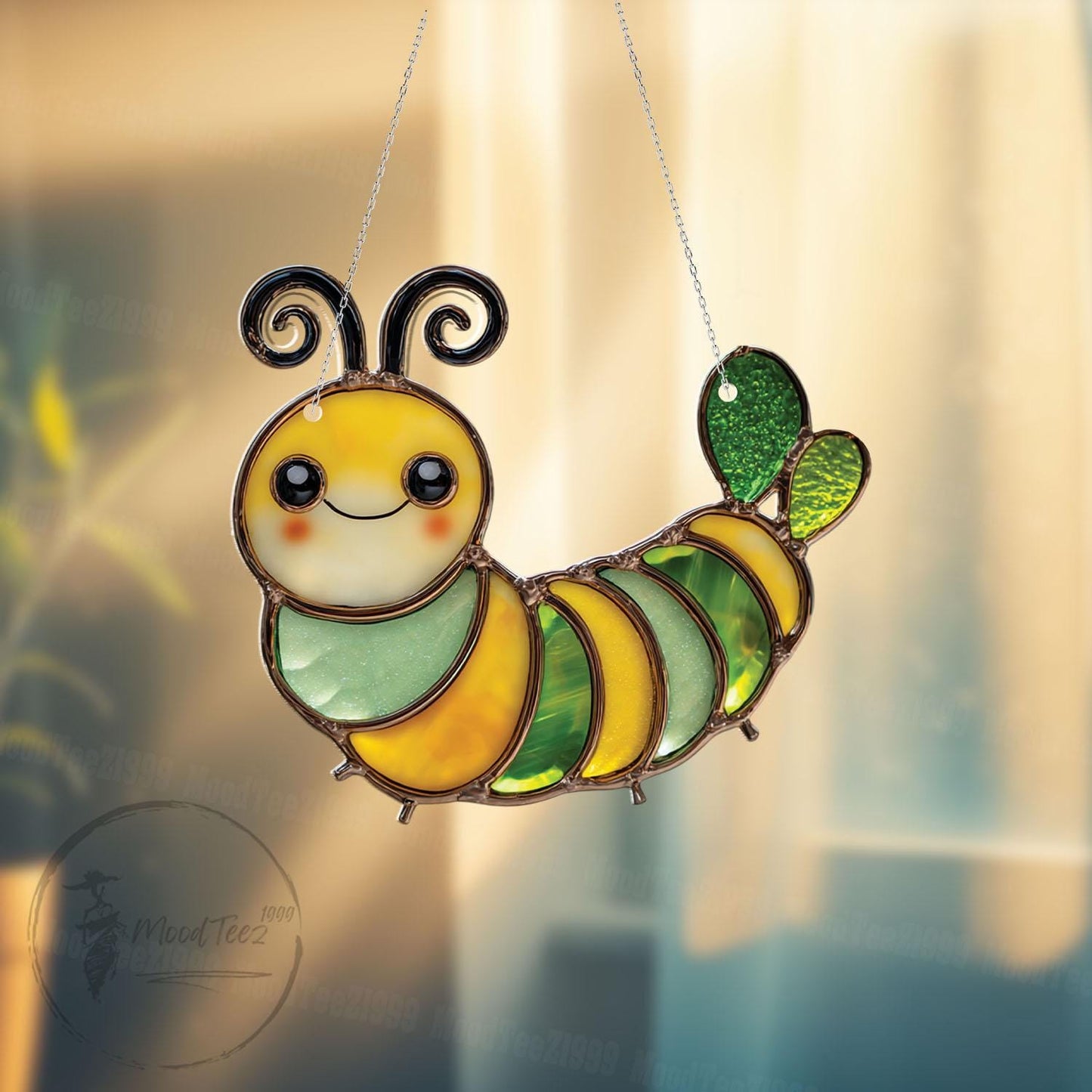 Faux Stained Glass Caterpillar Window Hanging - Cute Acrylic Bug Sun Catcher for Kids Room, Garden or Nature Gift Nursery Decor